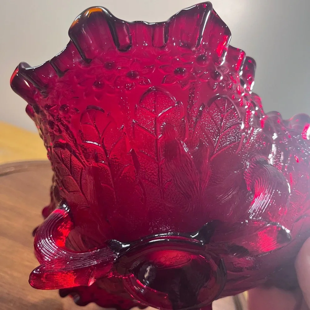 Fenton Ruby Red Amberina Glass Peach Tree Leaf Ruffled Footed Bowl 8
